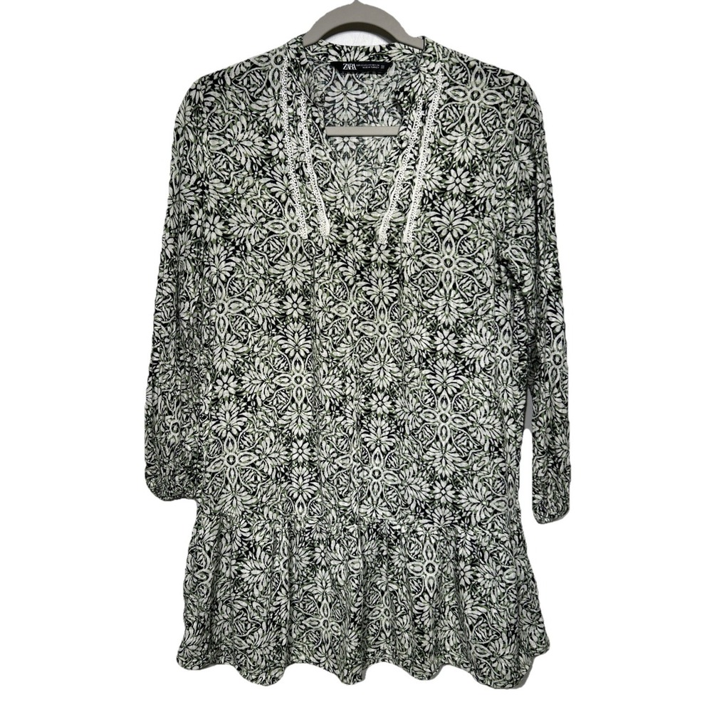 ZARA floral Printed Short Dress 100% Cotton Green White Women's Sz XS